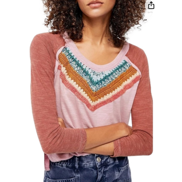 We The Free Tops - FREE People Spring Bound Crochet Paneled Shirt - Size Medium